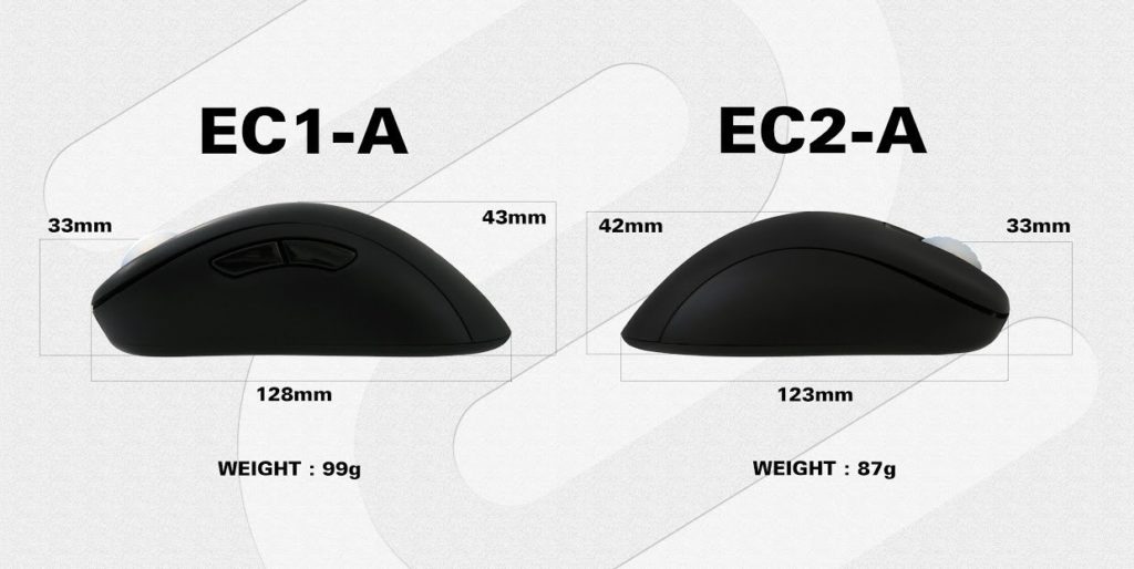 zowie EC1-A EC2-A size comparison side